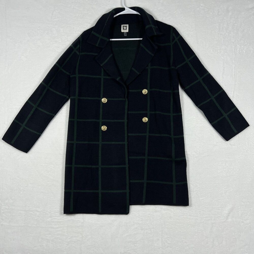 Anne Klein Women's Open Front Cardigan Sweater S Navy Green Plaid Topper Coat